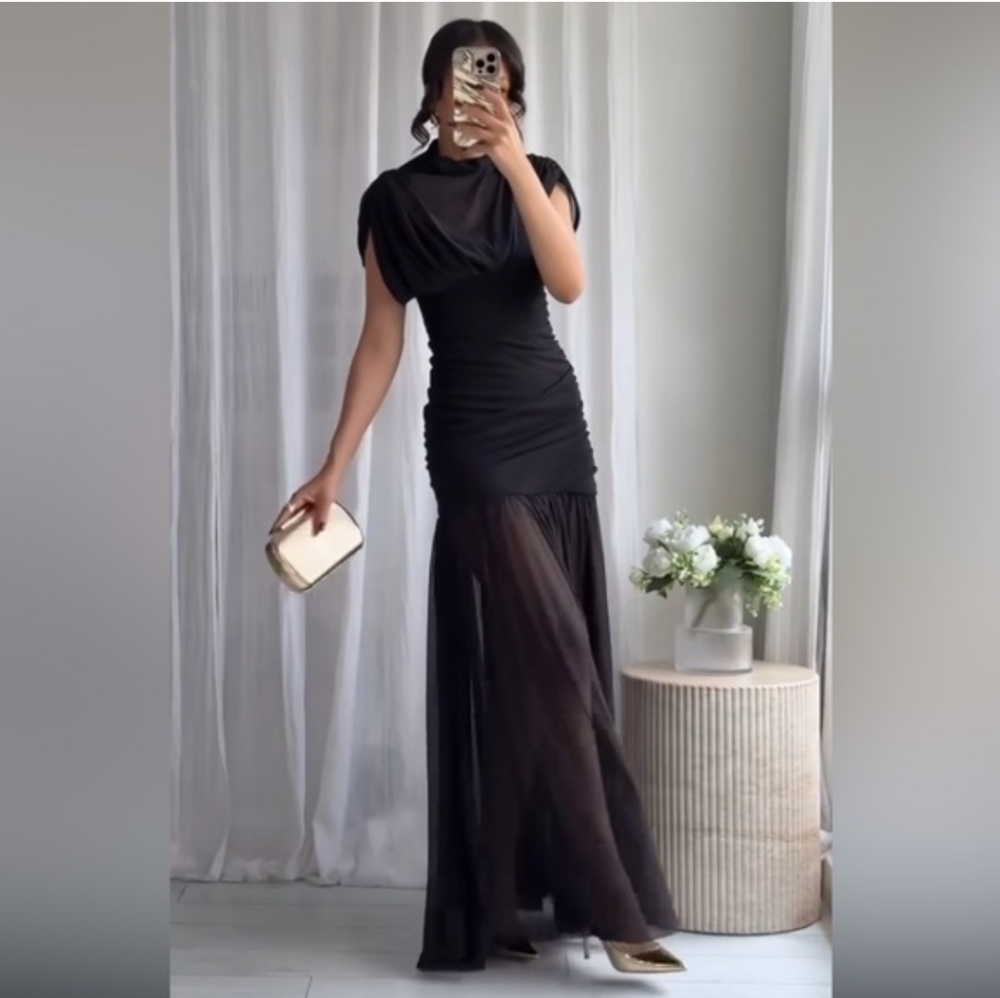 ZARA COMBINED DRAPED MIDI DRESS Black Size XS